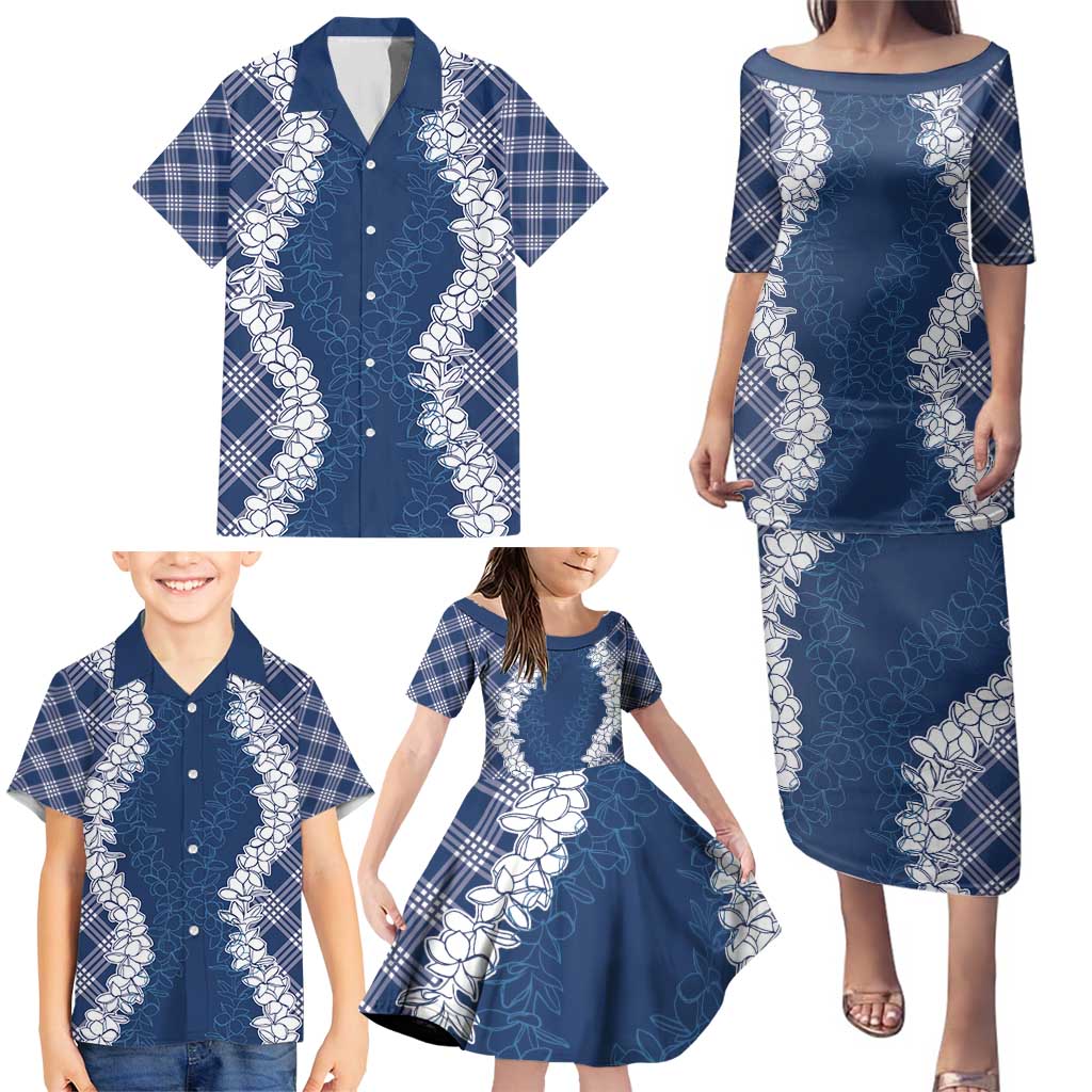 Hawaii Aloha Plumeria Lei Navy Palaka Family Matching Puletasi and Hawaiian Shirt LT7 - Polynesian Pride