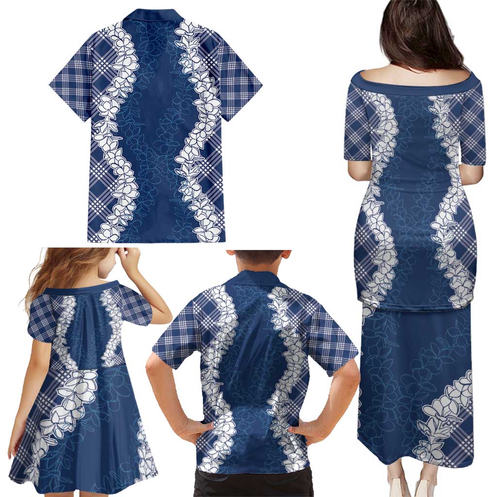 Hawaii Aloha Plumeria Lei Navy Palaka Family Matching Puletasi and Hawaiian Shirt LT7 - Polynesian Pride