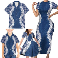 Hawaii Aloha Plumeria Lei Navy Palaka Family Matching Short Sleeve Bodycon Dress and Hawaiian Shirt LT7 - Polynesian Pride
