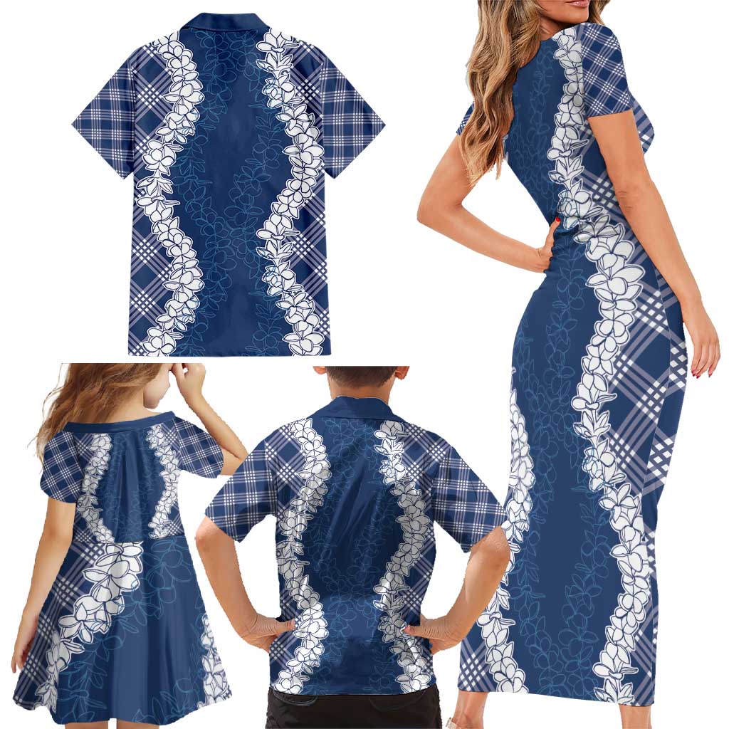 Hawaii Aloha Plumeria Lei Navy Palaka Family Matching Short Sleeve Bodycon Dress and Hawaiian Shirt LT7 - Polynesian Pride