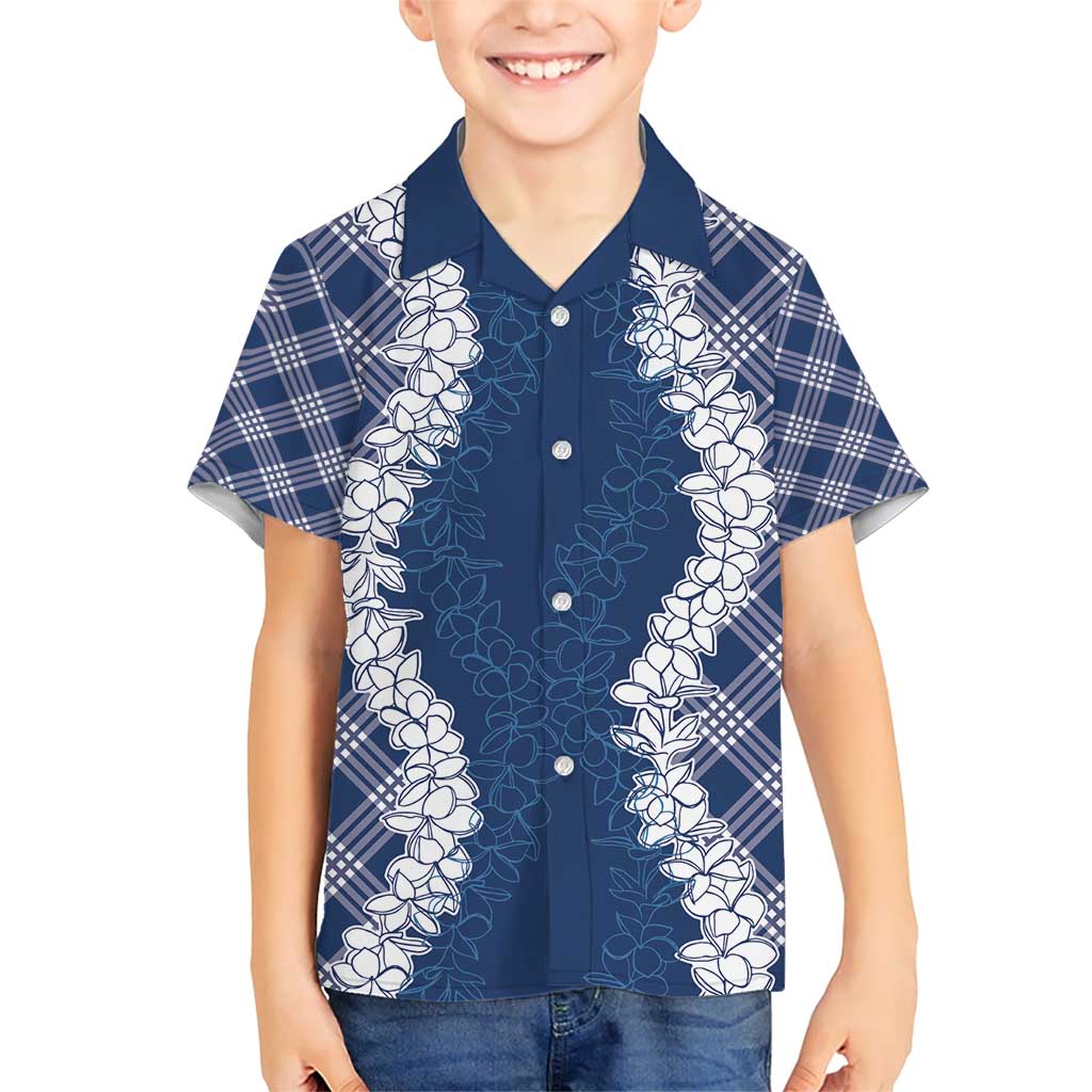 Hawaii Aloha Plumeria Lei Navy Palaka Family Matching Short Sleeve Bodycon Dress and Hawaiian Shirt LT7 Son's Shirt Navy Blue - Polynesian Pride