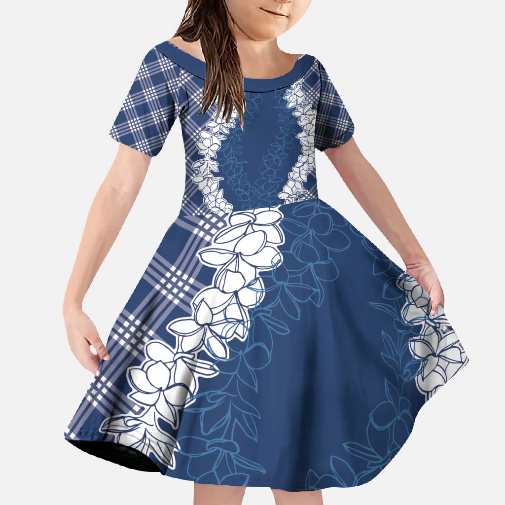 Hawaii Aloha Plumeria Lei Navy Palaka Family Matching Summer Maxi Dress and Hawaiian Shirt LT7 Daughter's Dress Navy Blue - Polynesian Pride