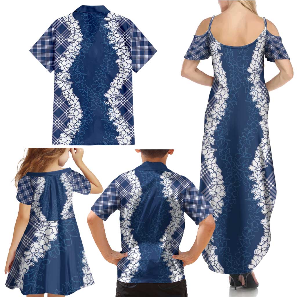 Hawaii Aloha Plumeria Lei Navy Palaka Family Matching Summer Maxi Dress and Hawaiian Shirt LT7 - Polynesian Pride