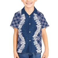 Hawaii Aloha Plumeria Lei Navy Palaka Family Matching Summer Maxi Dress and Hawaiian Shirt LT7 Son's Shirt Navy Blue - Polynesian Pride