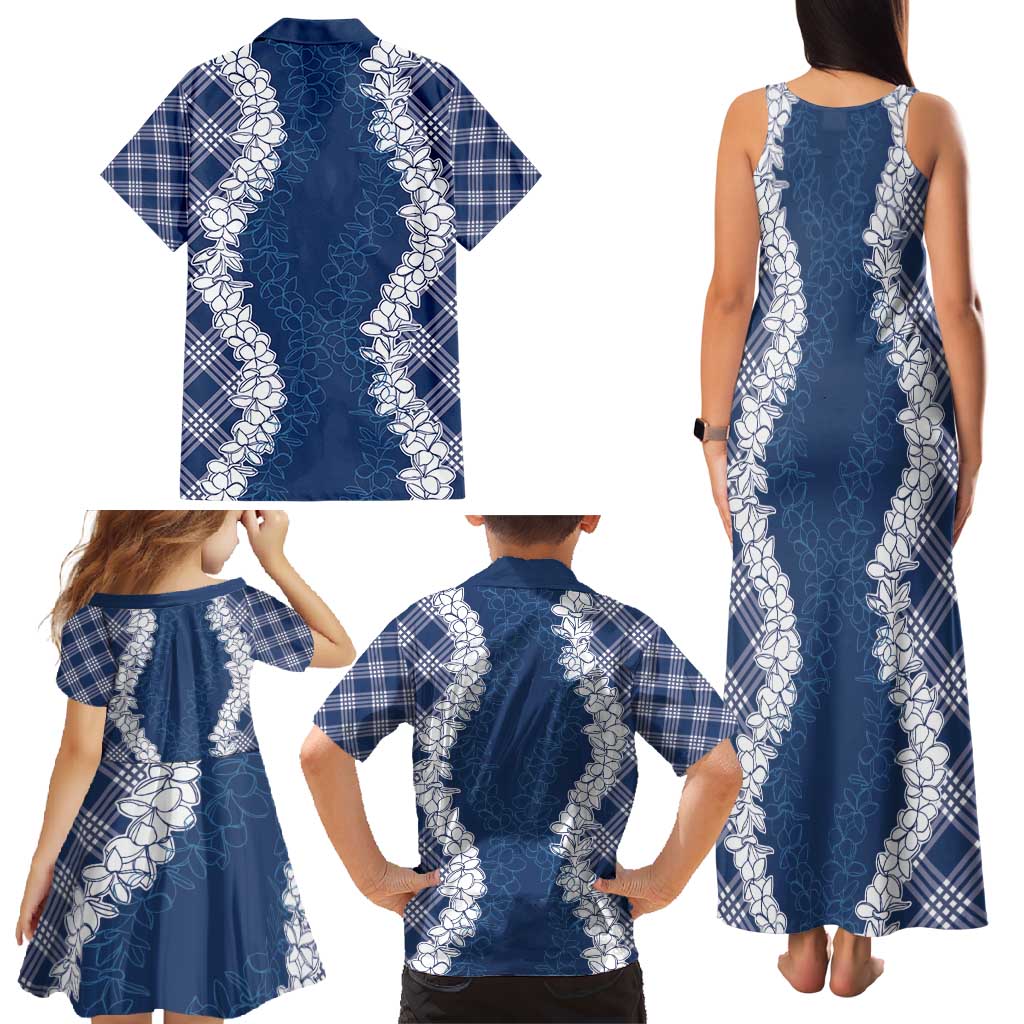 Hawaii Aloha Plumeria Lei Navy Palaka Family Matching Tank Maxi Dress and Hawaiian Shirt LT7 - Polynesian Pride