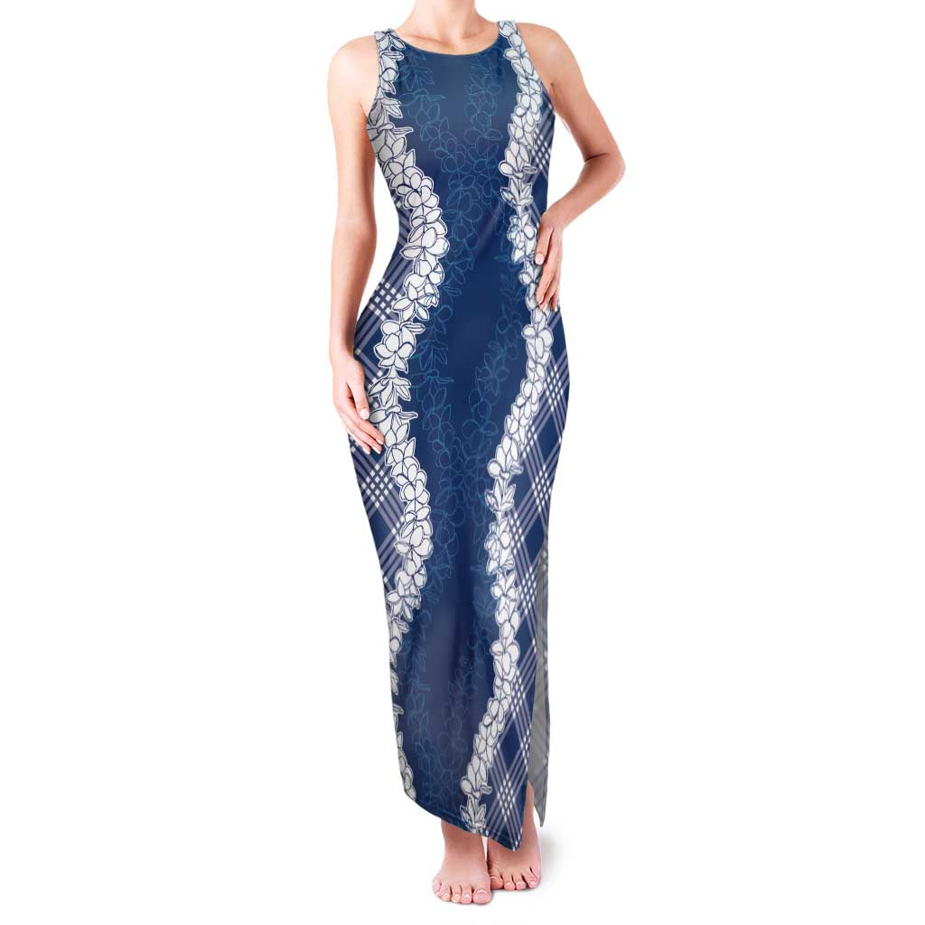 Hawaii Aloha Plumeria Lei Navy Palaka Family Matching Tank Maxi Dress and Hawaiian Shirt LT7 Mom's Dress Navy Blue - Polynesian Pride
