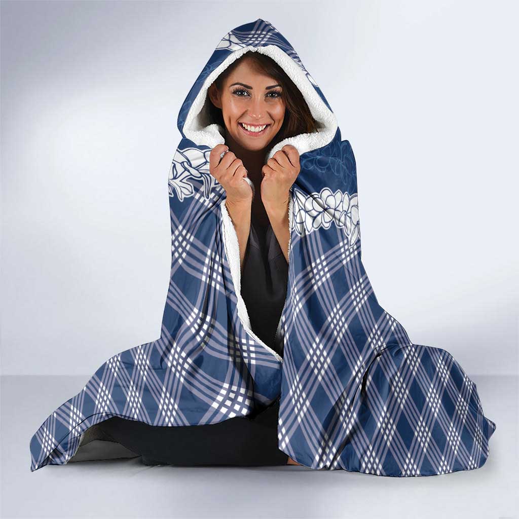 Hawaii Aloha Plumeria Lei Navy Palaka Hooded Blanket - Polynesian Pride