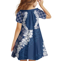 Hawaii Aloha Plumeria Lei Navy Palaka Kid Short Sleeve Dress - Polynesian Pride