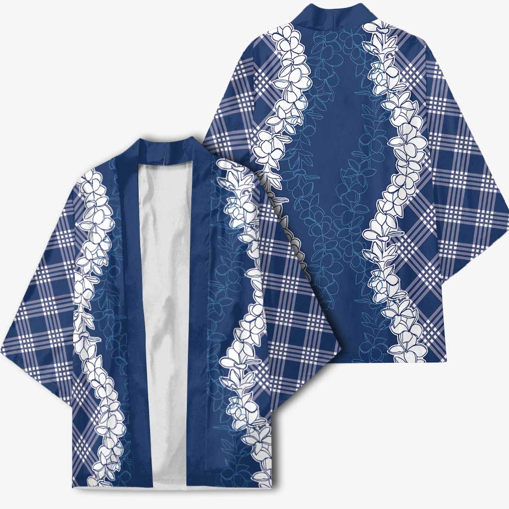 Hawaii Aloha Plumeria Lei Navy Palaka Kimono - Polynesian Pride