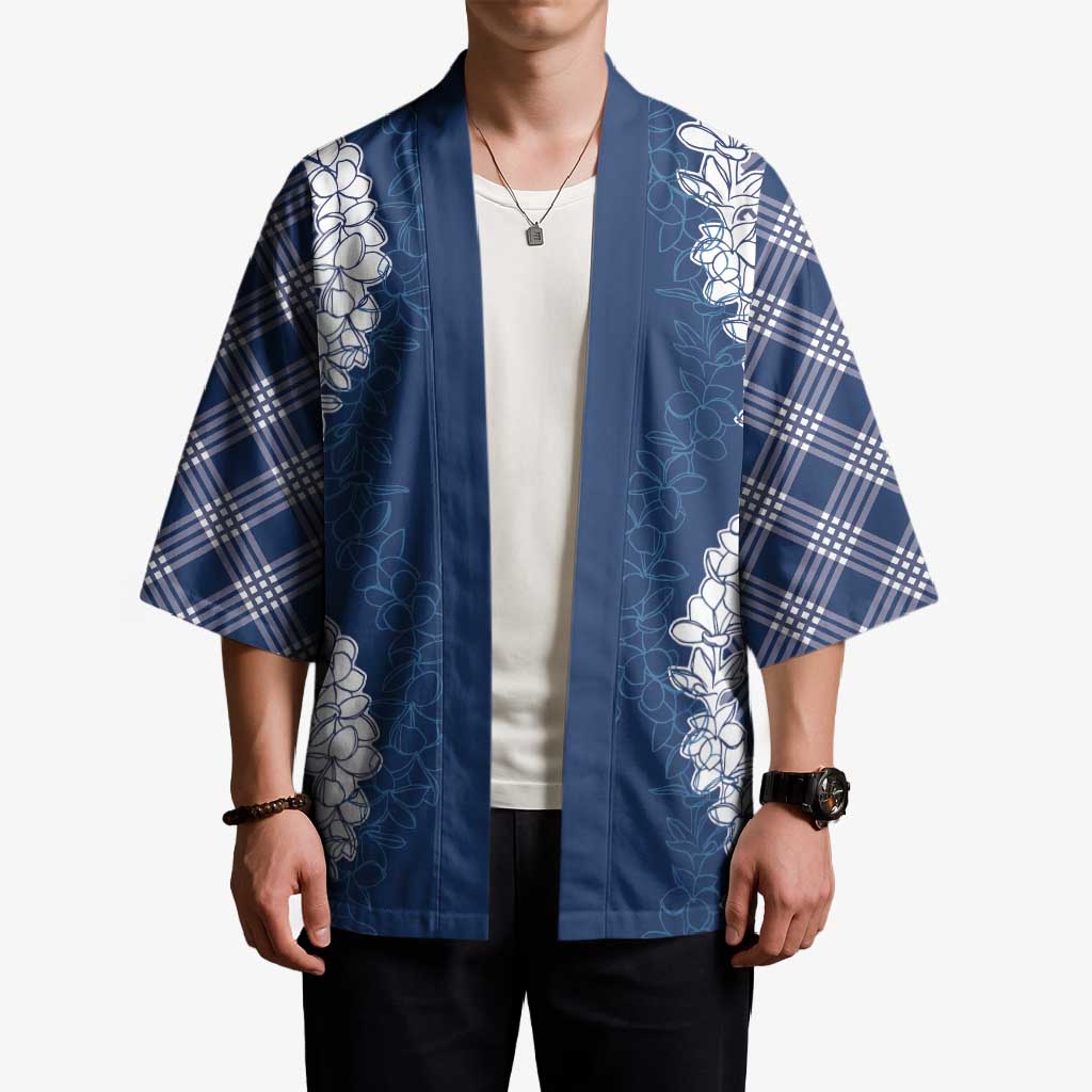 Hawaii Aloha Plumeria Lei Navy Palaka Kimono - Polynesian Pride