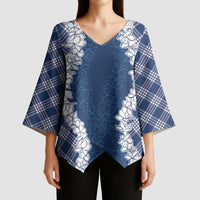 Hawaii Aloha Plumeria Lei Navy Palaka Kimono Sleeve Blouse - Polynesian Pride