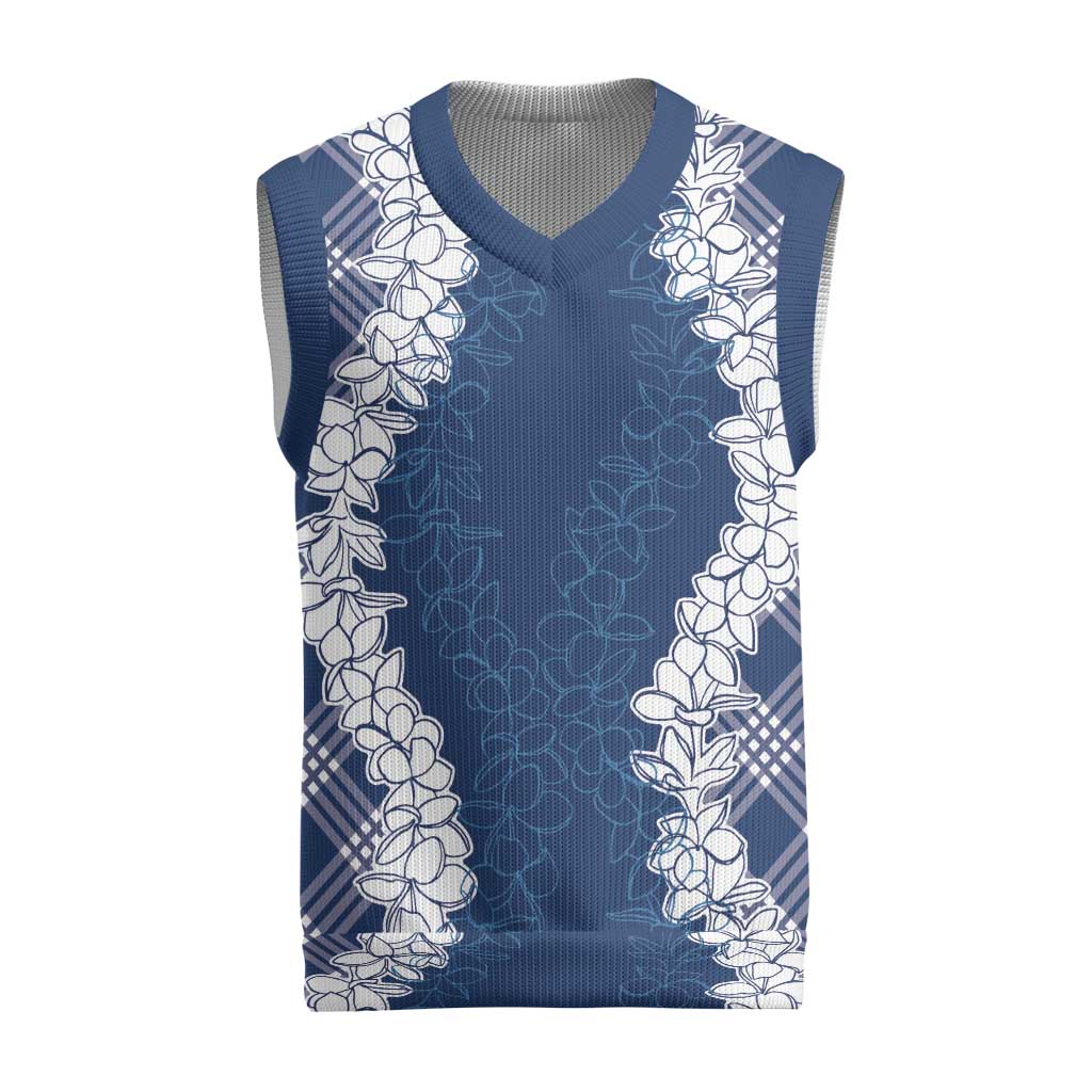 Hawaii Aloha Plumeria Lei Navy Palaka Christmas Knitted V-Neck Vest - Polynesian Pride