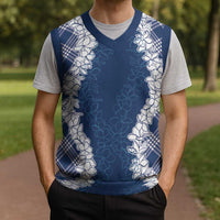 Hawaii Aloha Plumeria Lei Navy Palaka Christmas Knitted V-Neck Vest - Polynesian Pride