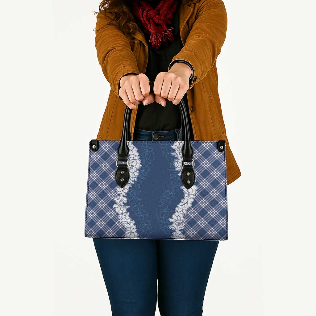 Hawaii Aloha Plumeria Lei Navy Palaka Leather Bag - Polynesian Pride