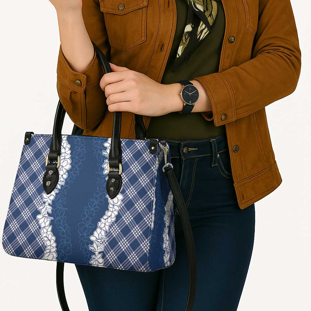 Hawaii Aloha Plumeria Lei Navy Palaka Leather Bag - Polynesian Pride