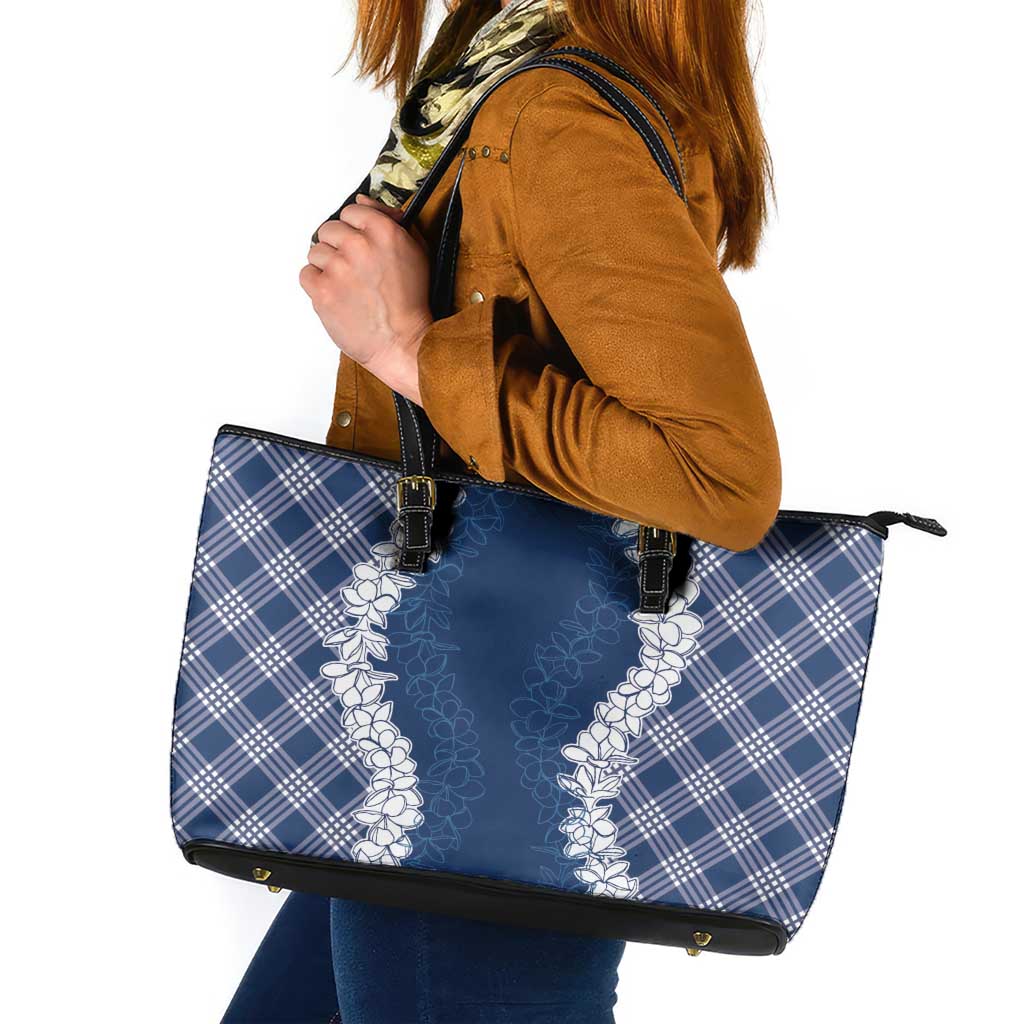 Hawaii Aloha Plumeria Lei Navy Palaka Leather Tote Bag - Polynesian Pride