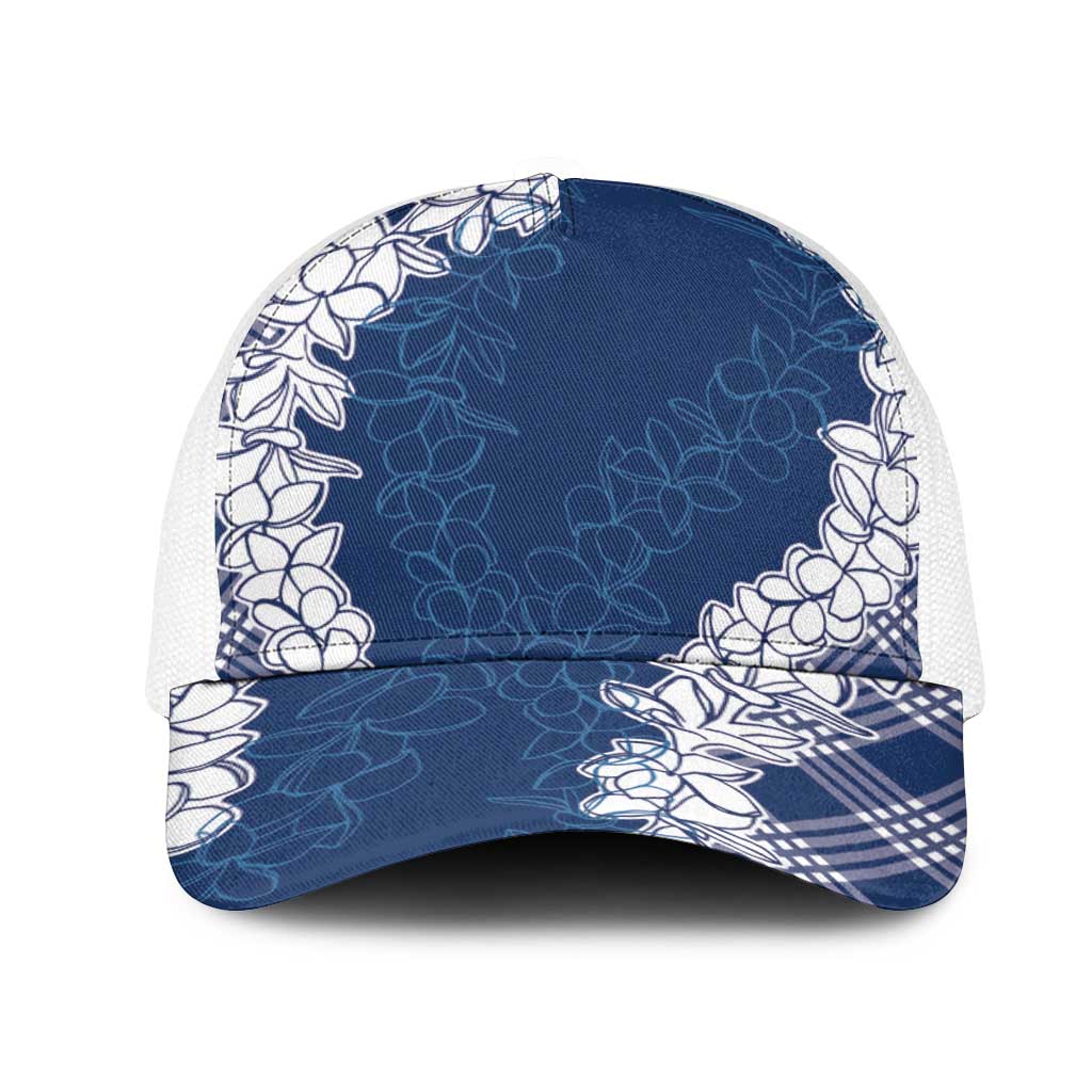 Hawaii Aloha Plumeria Lei Navy Palaka Mesh Trucker Cap - Polynesian Pride