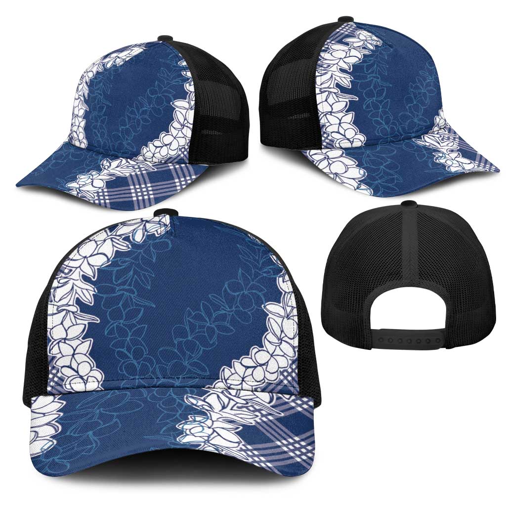 Hawaii Aloha Plumeria Lei Navy Palaka Mesh Trucker Cap - Polynesian Pride