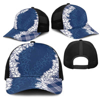 Hawaii Aloha Plumeria Lei Navy Palaka Mesh Trucker Cap - Polynesian Pride