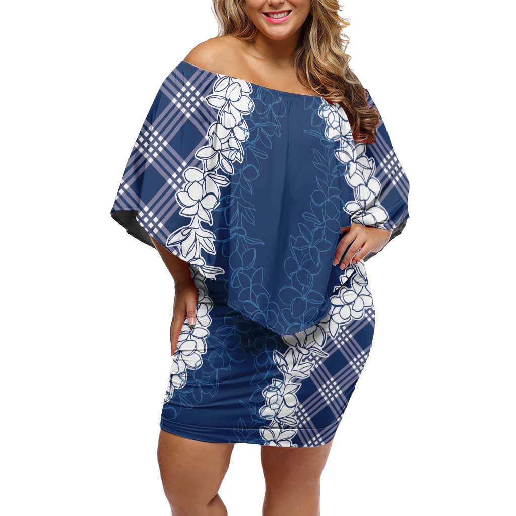 Hawaii Aloha Plumeria Lei Navy Palaka Off Shoulder Short Dress - Polynesian Pride