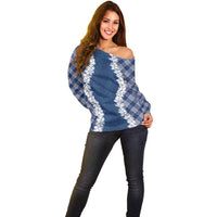 Hawaii Aloha Plumeria Lei Navy Palaka Off Shoulder Sweater - Polynesian Pride