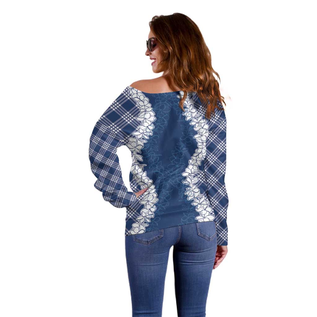Hawaii Aloha Plumeria Lei Navy Palaka Off Shoulder Sweater - Polynesian Pride