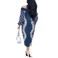 Hawaii Aloha Plumeria Lei Navy Palaka Off The Shoulder Long Sleeve Dress - Polynesian Pride