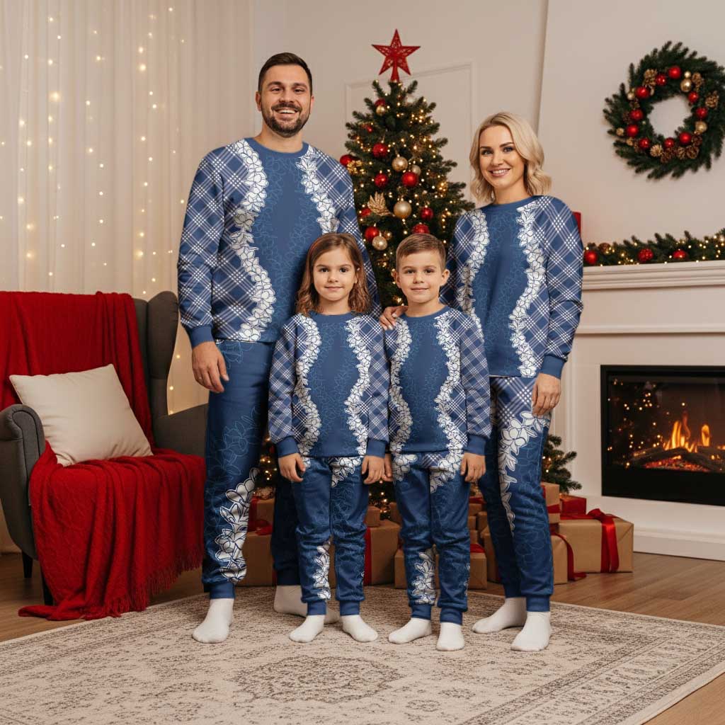 Hawaii Aloha Plumeria Lei Navy Palaka Christmas Pajama Set - Polynesian Pride
