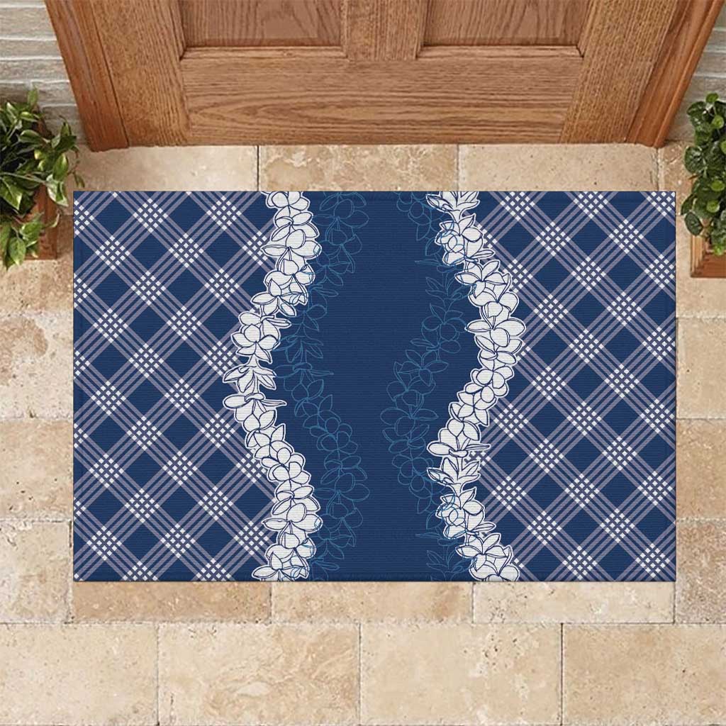 Hawaii Aloha Plumeria Lei Navy Palaka Rubber Doormat LT7 Navy Blue - Polynesian Pride