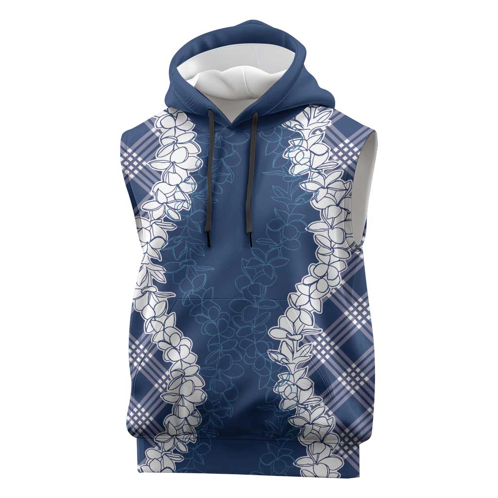 Hawaii Aloha Plumeria Lei Navy Palaka Sleeveless Hoodie LT7 Navy Blue - Polynesian Pride