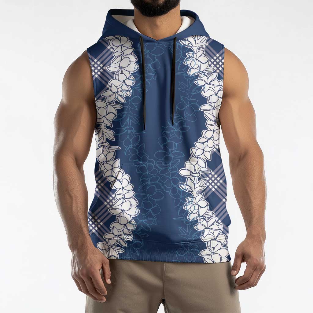 Hawaii Aloha Plumeria Lei Navy Palaka Sleeveless Hoodie LT7 - Polynesian Pride