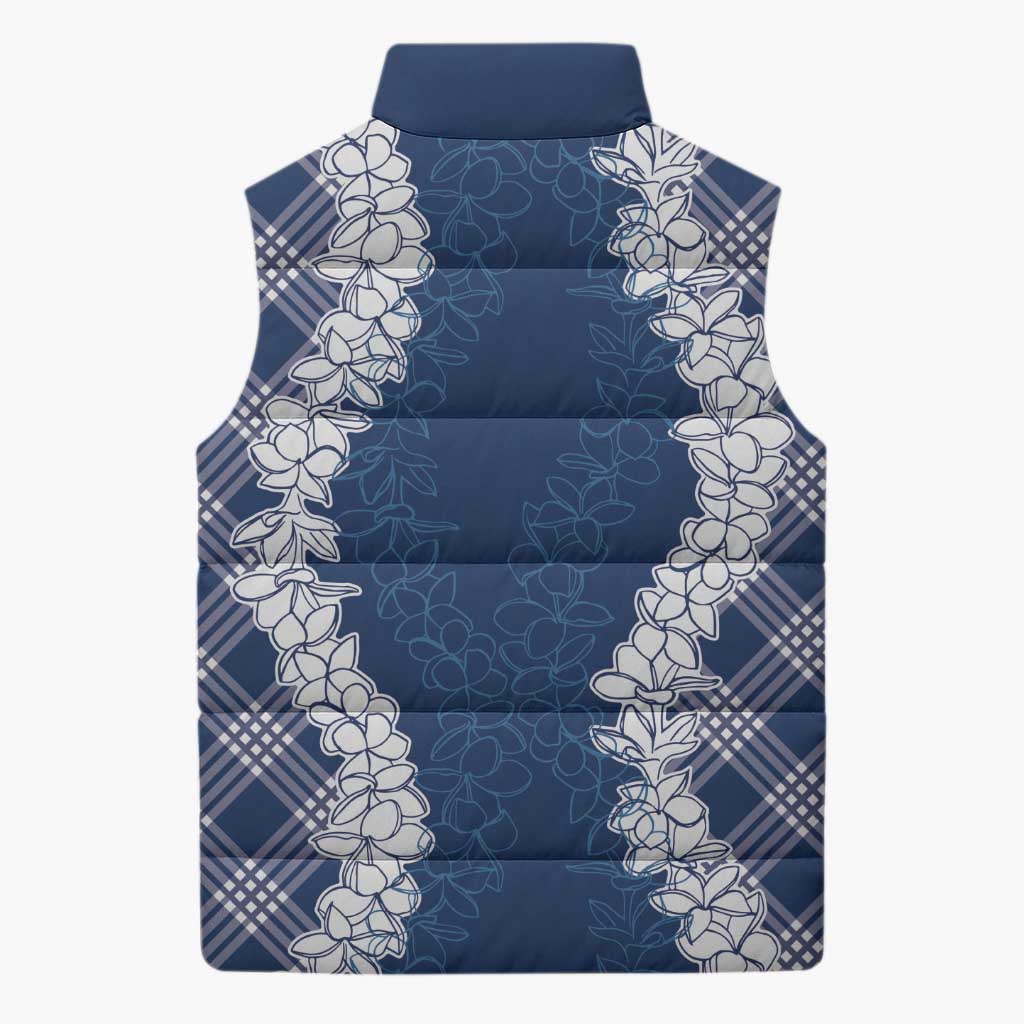 Hawaii Aloha Plumeria Lei Navy Palaka Sleeveless Puffer Jacket - Polynesian Pride