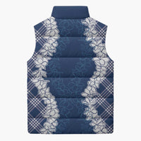 Hawaii Aloha Plumeria Lei Navy Palaka Sleeveless Puffer Jacket - Polynesian Pride