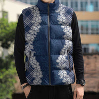 Hawaii Aloha Plumeria Lei Navy Palaka Sleeveless Puffer Jacket - Polynesian Pride