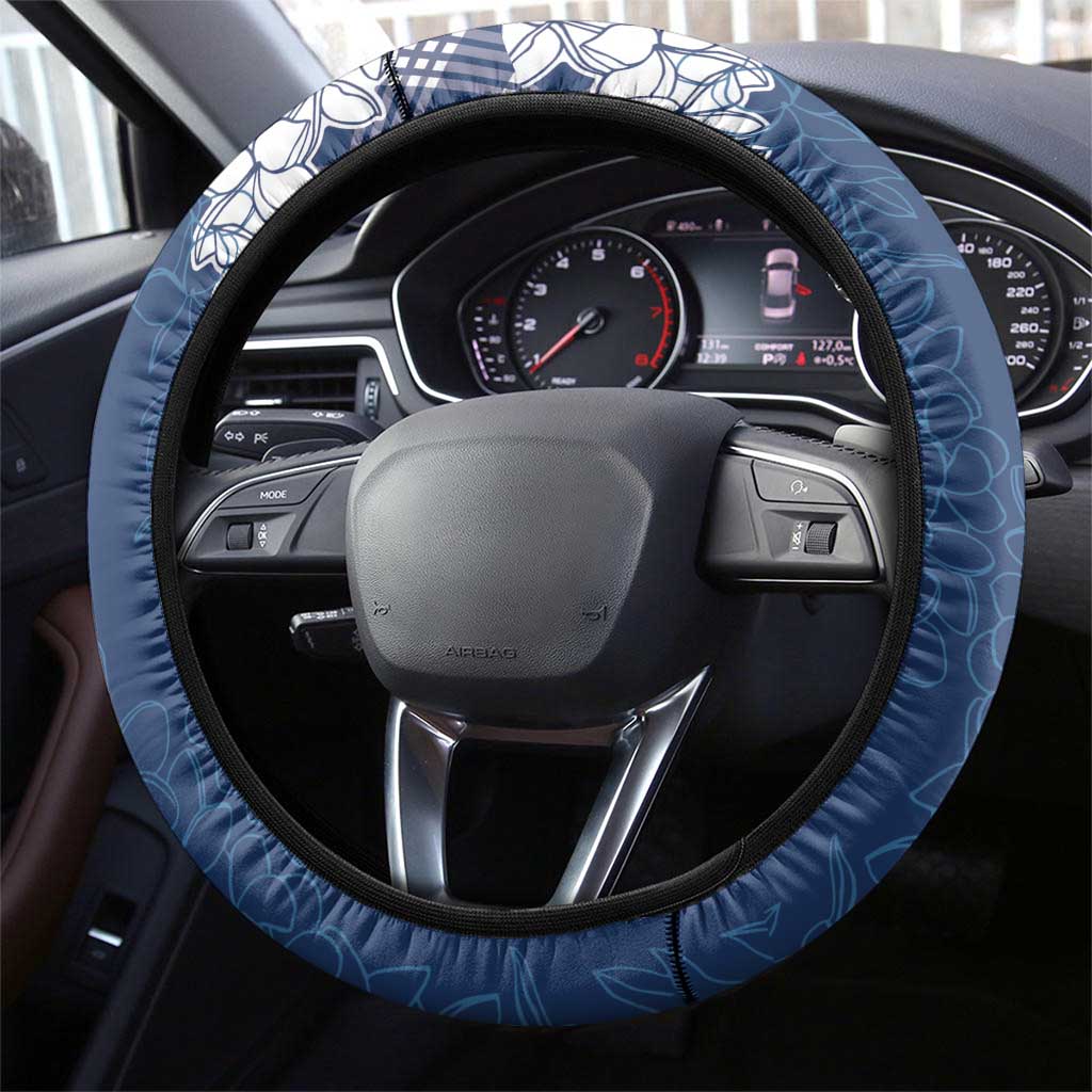 Hawaii Aloha Plumeria Lei Navy Palaka Steering Wheel Cover - Polynesian Pride