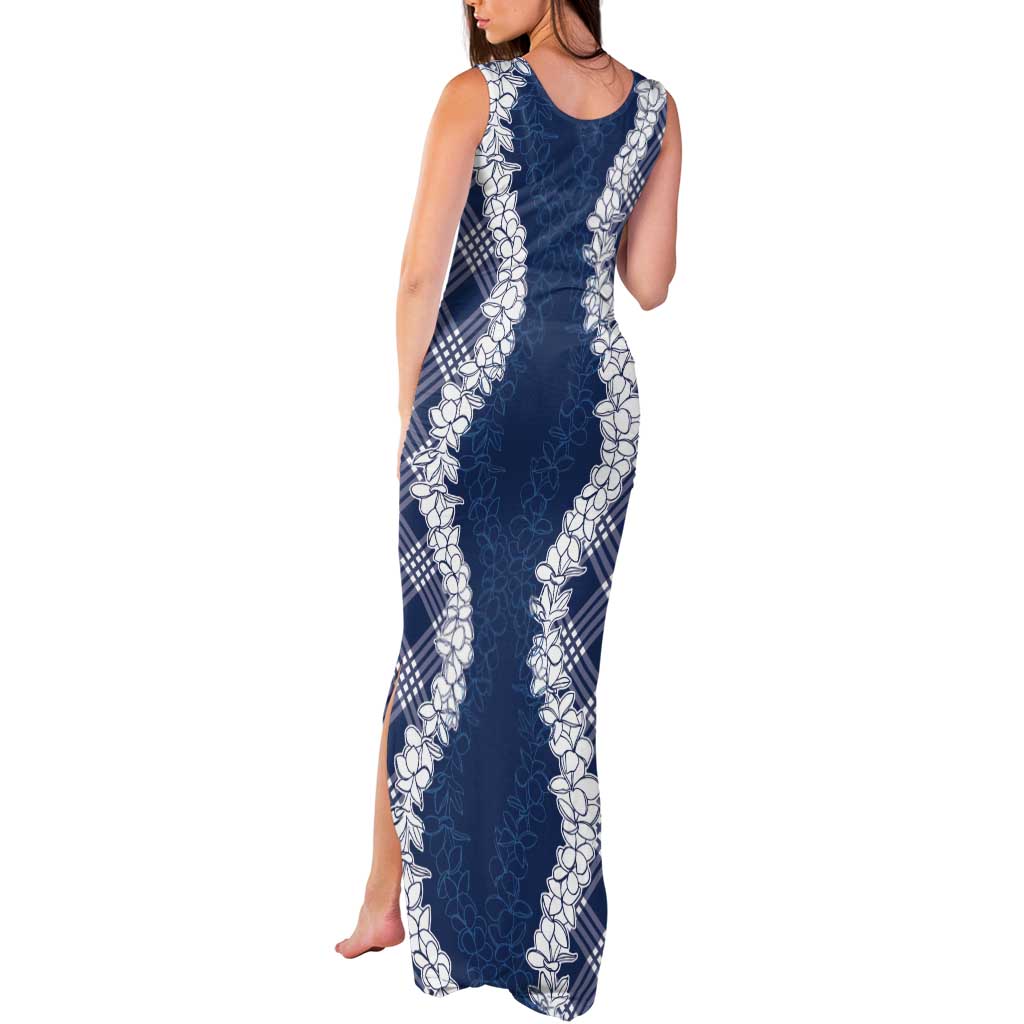 Hawaii Aloha Plumeria Lei Navy Palaka Tank Maxi Dress - Polynesian Pride