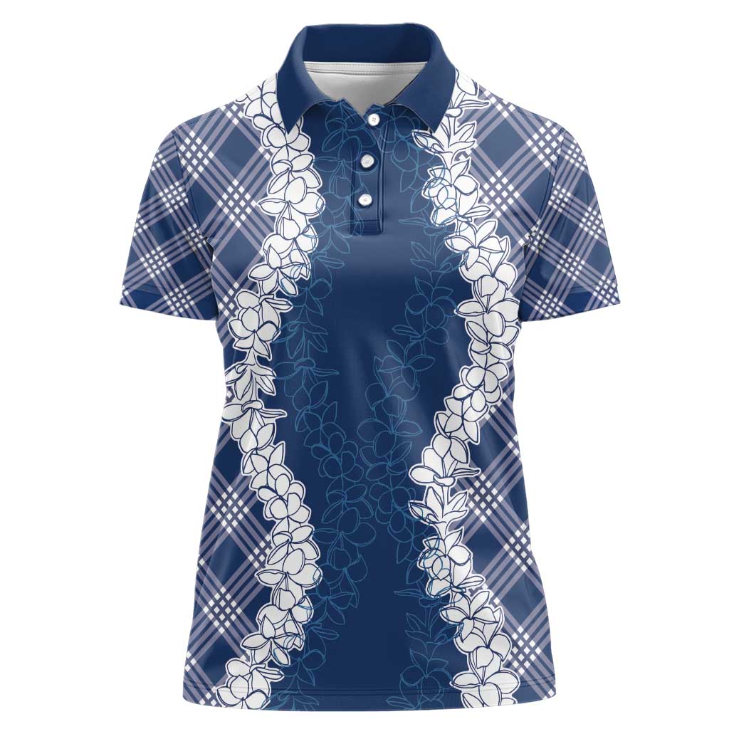 Hawaii Aloha Plumeria Lei Navy Palaka Women Polo Shirt - Polynesian Pride