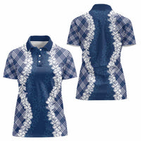 Hawaii Aloha Plumeria Lei Navy Palaka Women Polo Shirt - Polynesian Pride