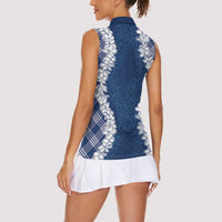 Hawaii Aloha Plumeria Lei Navy Palaka Women Sleeveless Polo Shirt - Polynesian Pride