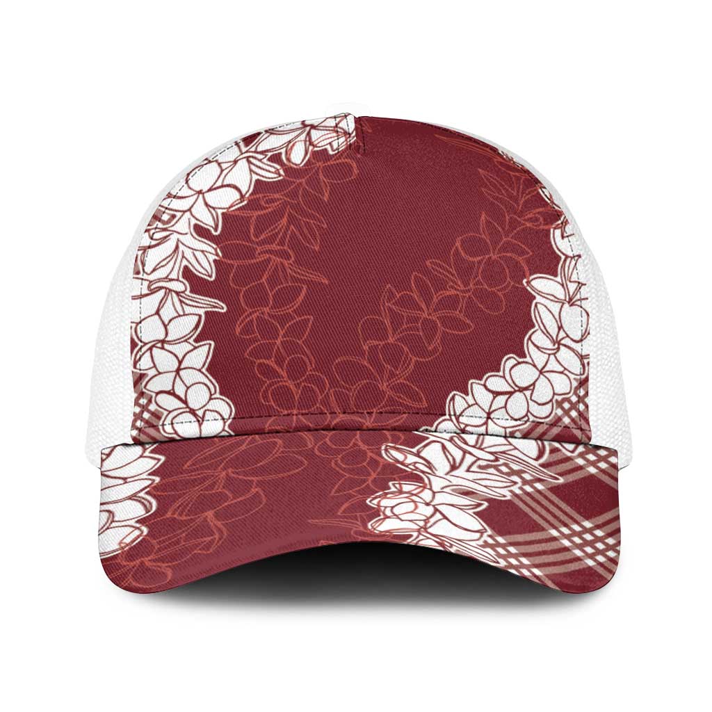 Hawaii Aloha Plumeria Lei Scarlet Palaka Baseball Net Cap - Polynesian Pride