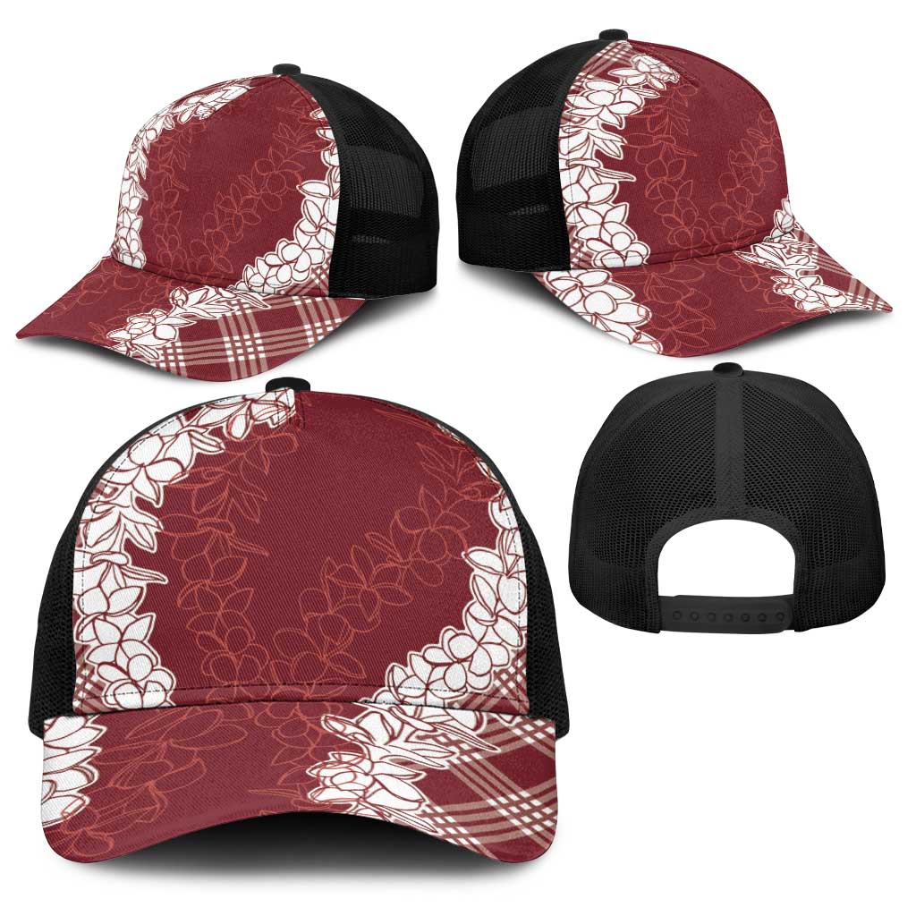 Hawaii Aloha Plumeria Lei Scarlet Palaka Baseball Net Cap - Polynesian Pride