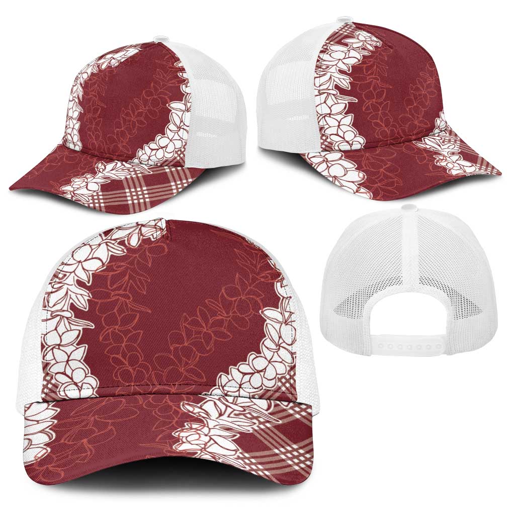 Hawaii Aloha Plumeria Lei Scarlet Palaka Baseball Net Cap - Polynesian Pride