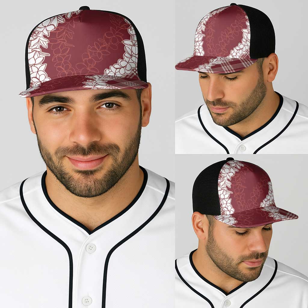 Hawaii Aloha Plumeria Lei Scarlet Palaka Baseball Net Cap - Polynesian Pride