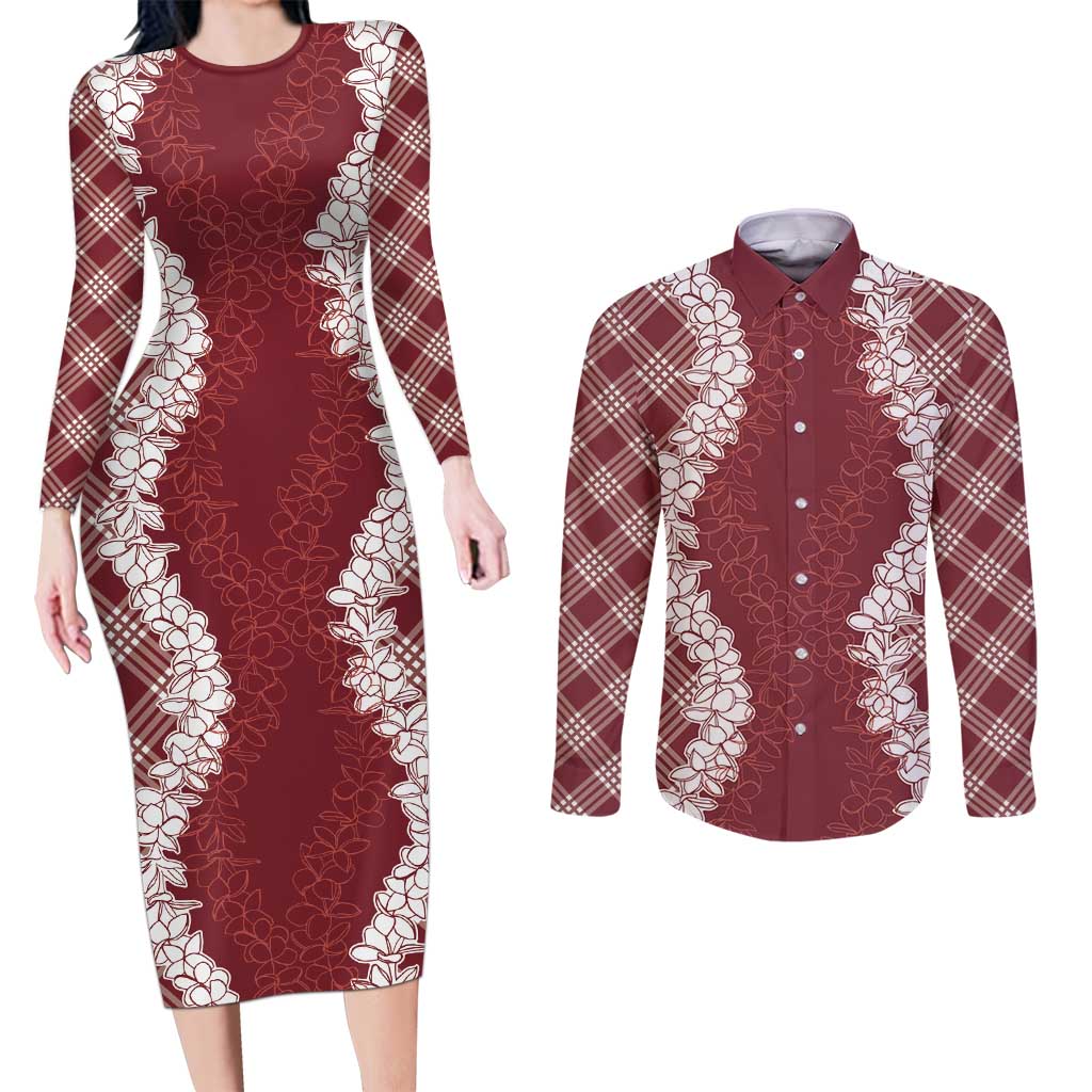 Hawaii Aloha Plumeria Lei Scarlet Palaka Couples Matching Long Sleeve Bodycon Dress and Long Sleeve Button Shirt LT7 Scarlet - Polynesian Pride