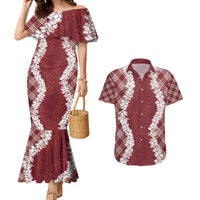 Hawaii Aloha Plumeria Lei Scarlet Palaka Couples Matching Mermaid Dress and Hawaiian Shirt LT7 Scarlet - Polynesian Pride