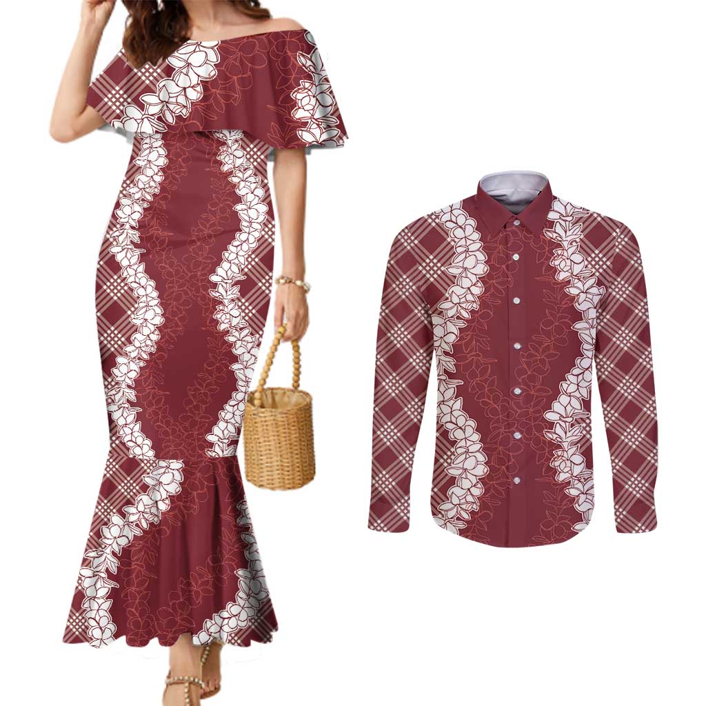 Hawaii Aloha Plumeria Lei Scarlet Palaka Couples Matching Mermaid Dress and Long Sleeve Button Shirt - Polynesian Pride