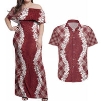 Hawaii Aloha Plumeria Lei Scarlet Palaka Couples Matching Off Shoulder Maxi Dress and Hawaiian Shirt LT7 Scarlet - Polynesian Pride