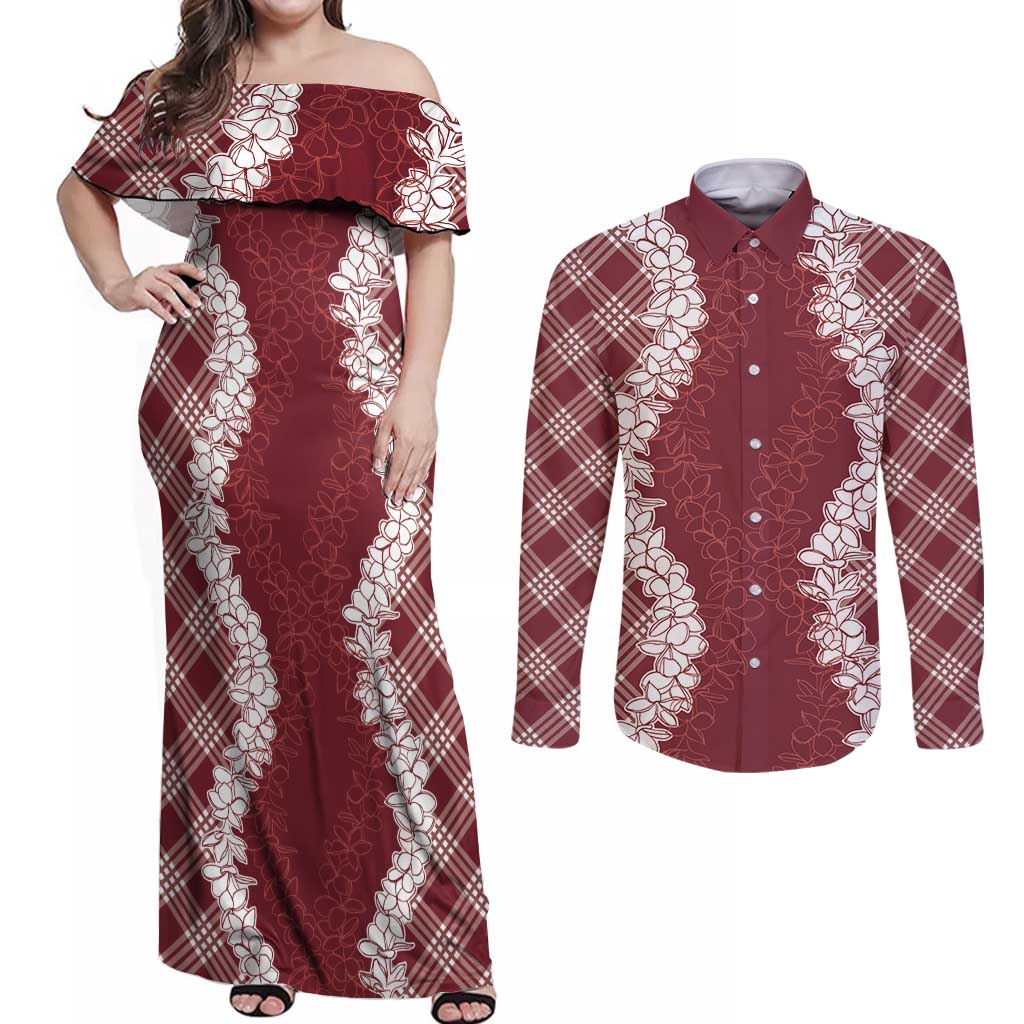 Hawaii Aloha Plumeria Lei Scarlet Palaka Couples Matching Off Shoulder Maxi Dress and Long Sleeve Button Shirt LT7 Scarlet - Polynesian Pride