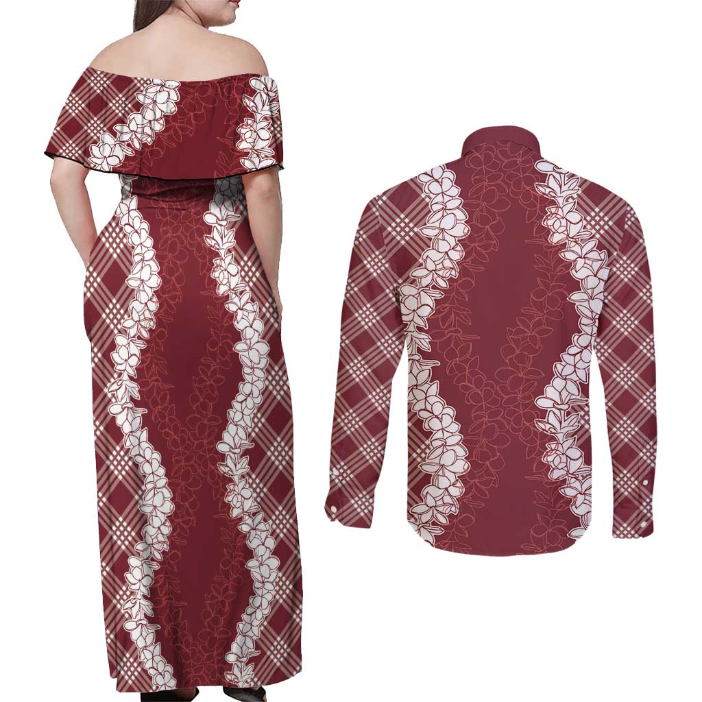 Hawaii Aloha Plumeria Lei Scarlet Palaka Couples Matching Off Shoulder Maxi Dress and Long Sleeve Button Shirt LT7 - Polynesian Pride