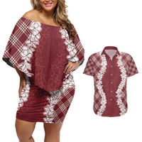 Hawaii Aloha Plumeria Lei Scarlet Palaka Couples Matching Off Shoulder Short Dress and Hawaiian Shirt LT7 Scarlet - Polynesian Pride